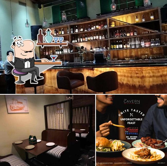 Take a look at the image displaying interior and food at Cavern Bar & Kitchen
