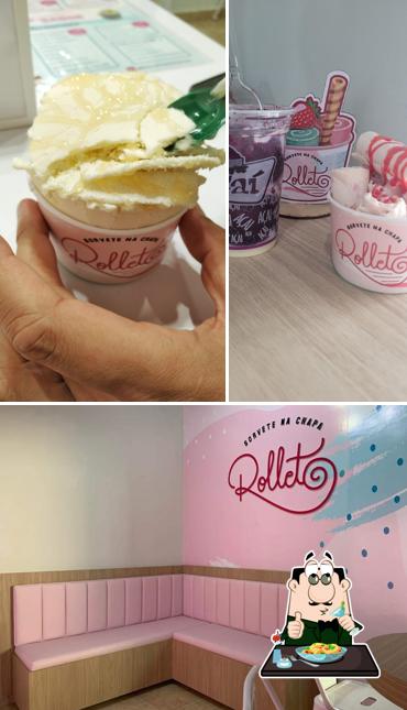 Esta é a ilustração apresentando comida e interior no Rolleto Sorvetes