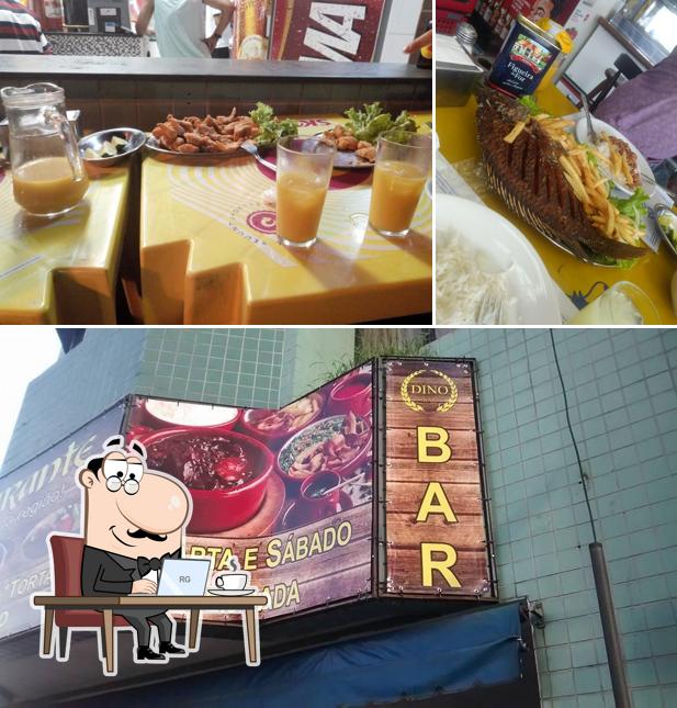 Dê uma olhada a ilustração ilustrando interior e comida no Dino - Bar e Restaurante