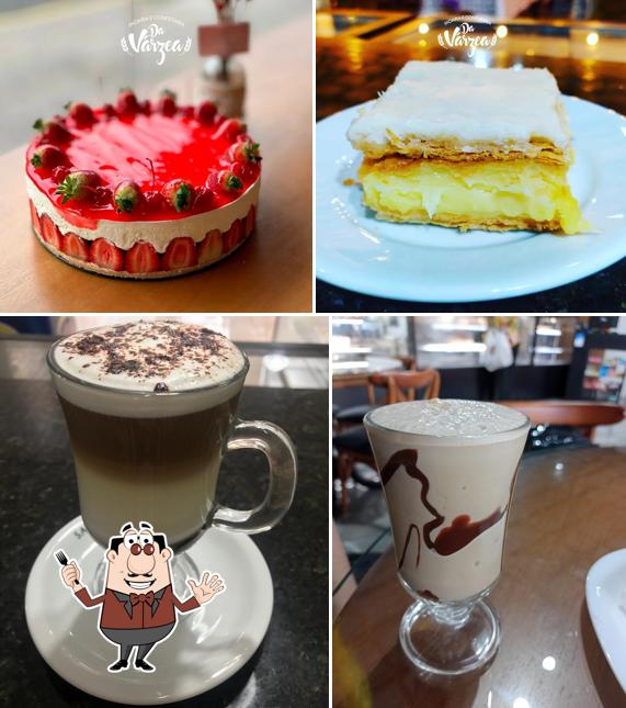 Dê uma olhada a imagem mostrando comida e bebida a Padaria Da Várzea