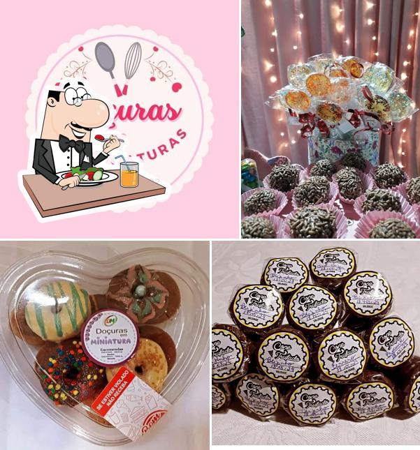 Comida em Doçuras em miniaturas, algodão-doce, cones, sobremesas, pirulitos, pudin, Donuts, pipoca, etc