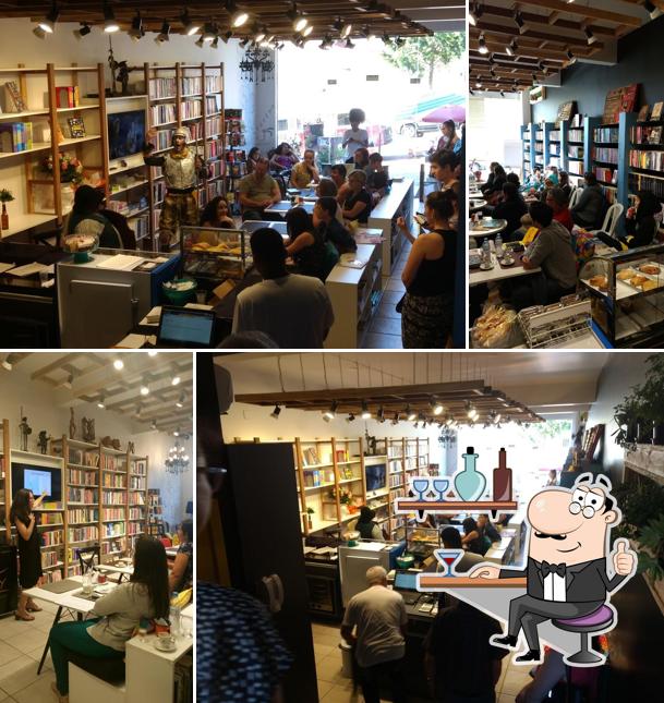 Sente em uma das mesas no Dom Quixote Livraria & Cafeteria