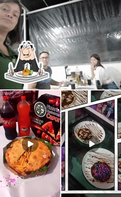 Esta é a ilustração apresentando comida e interior no Pizzaria Caporal