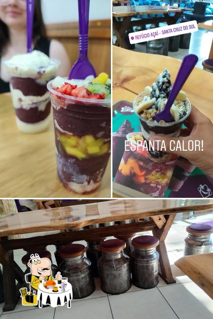 A ilustração da comida e bebida no Refúgio do Açaí